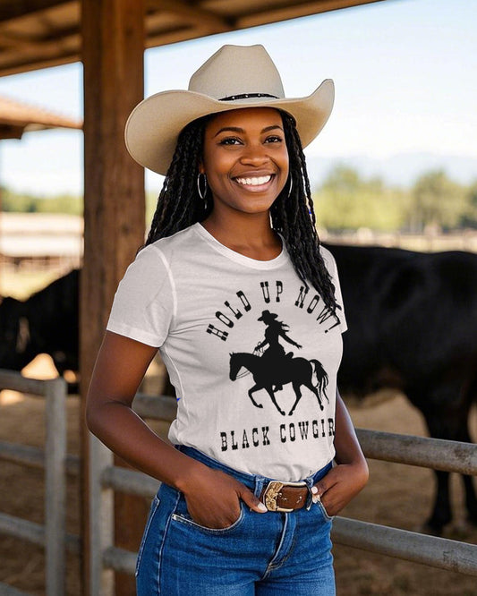Hold Up Now Black Cowgirl Crew Neck Short Sleeve Cotton T-shirt