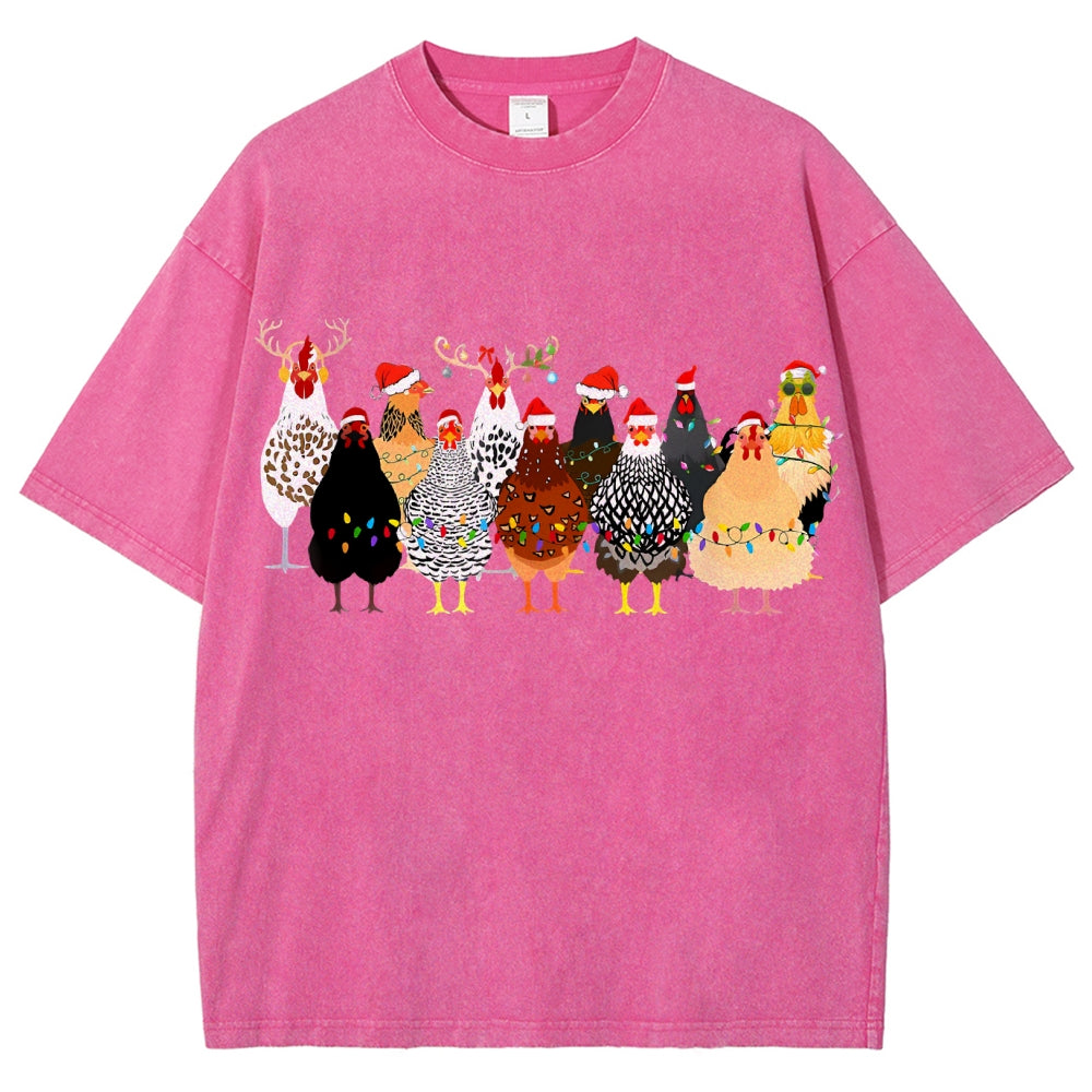Unisex Christmas Chicken Printed Washed Tee