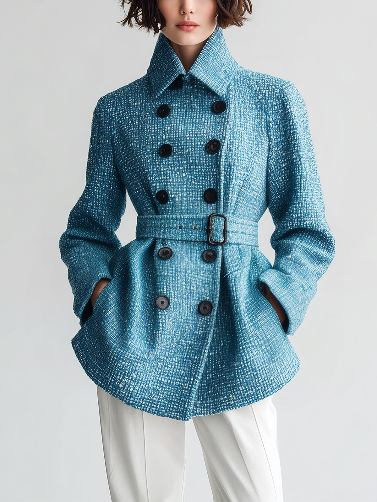 Taidalw Chic Vintage Blue Wool Blend Tweed Lapel Double-Breasted Belted Slim-Fit Short Coat
