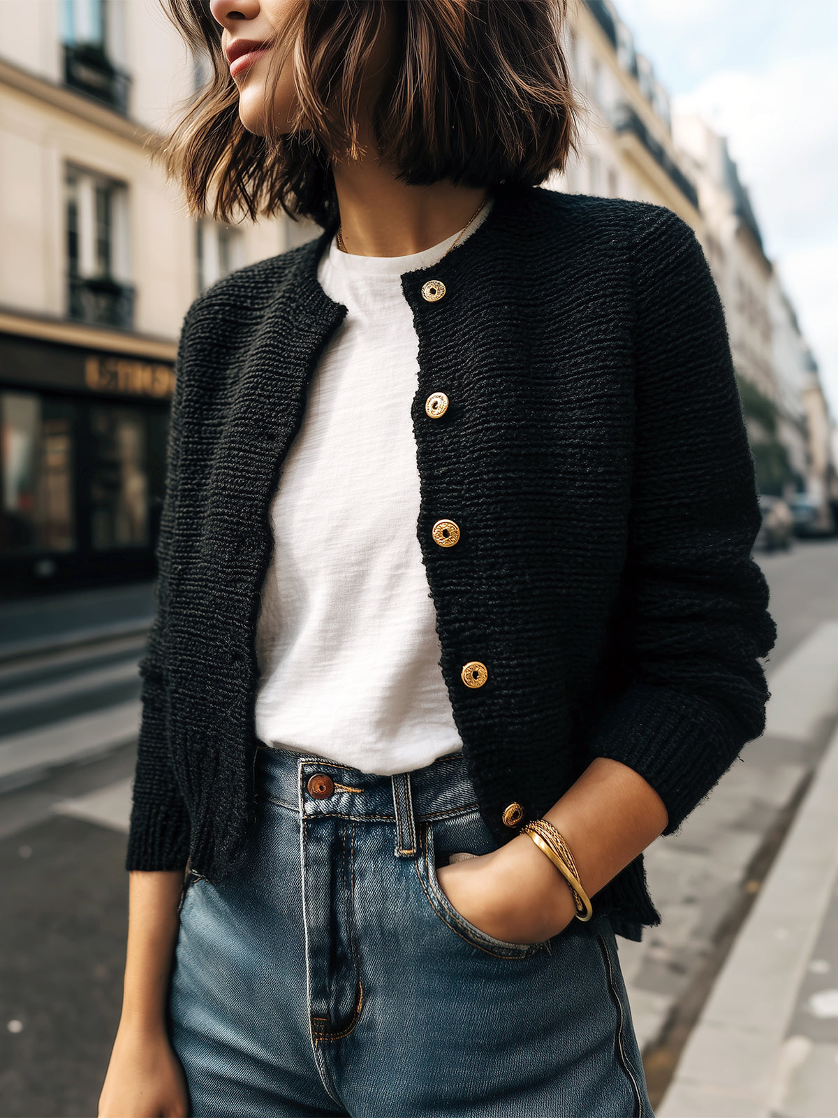 Taidalw Chic Basic Black Crew Neck Gold Button Cropped Knit Cardigan