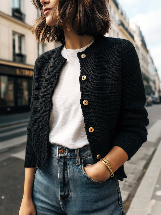 Taidalw Chic Basic Black Crew Neck Gold Button Cropped Knit Cardigan