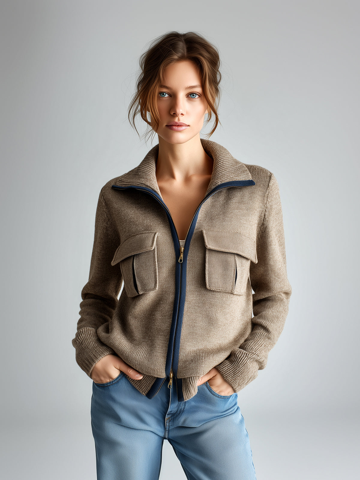 Taidalw Chic Casual Camel Lapel Zipper-Front Chest Pocket Long-Sleeve Loose Knit Cardigan