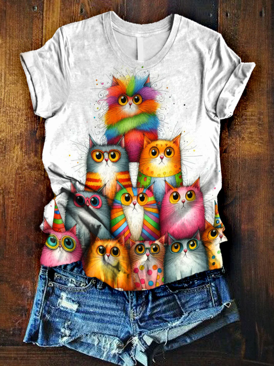 Quirky Cat Pyramid Clip Art Print Casaul T-shirt