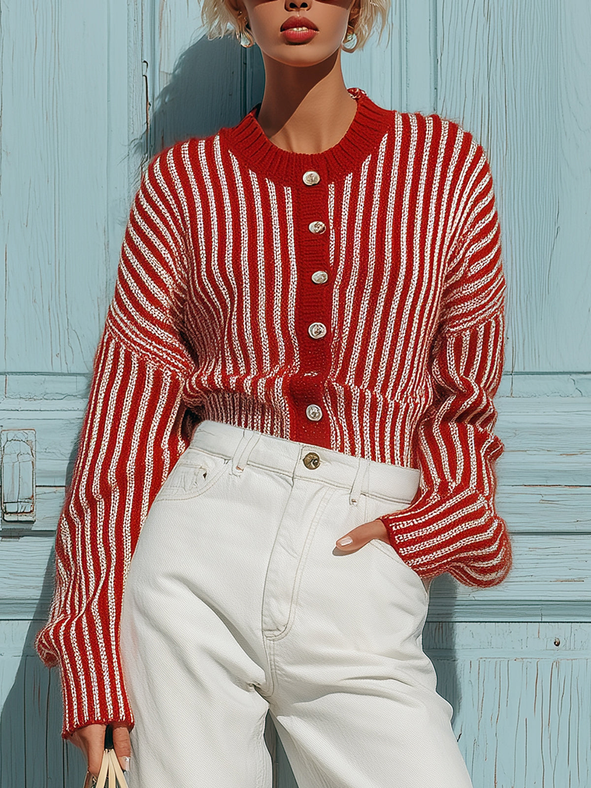 Taidalw Chic Vintage Red Pinstripes Round-Neck Single-Breasted Long-Sleeve Slim-Fit Knit Cardigan