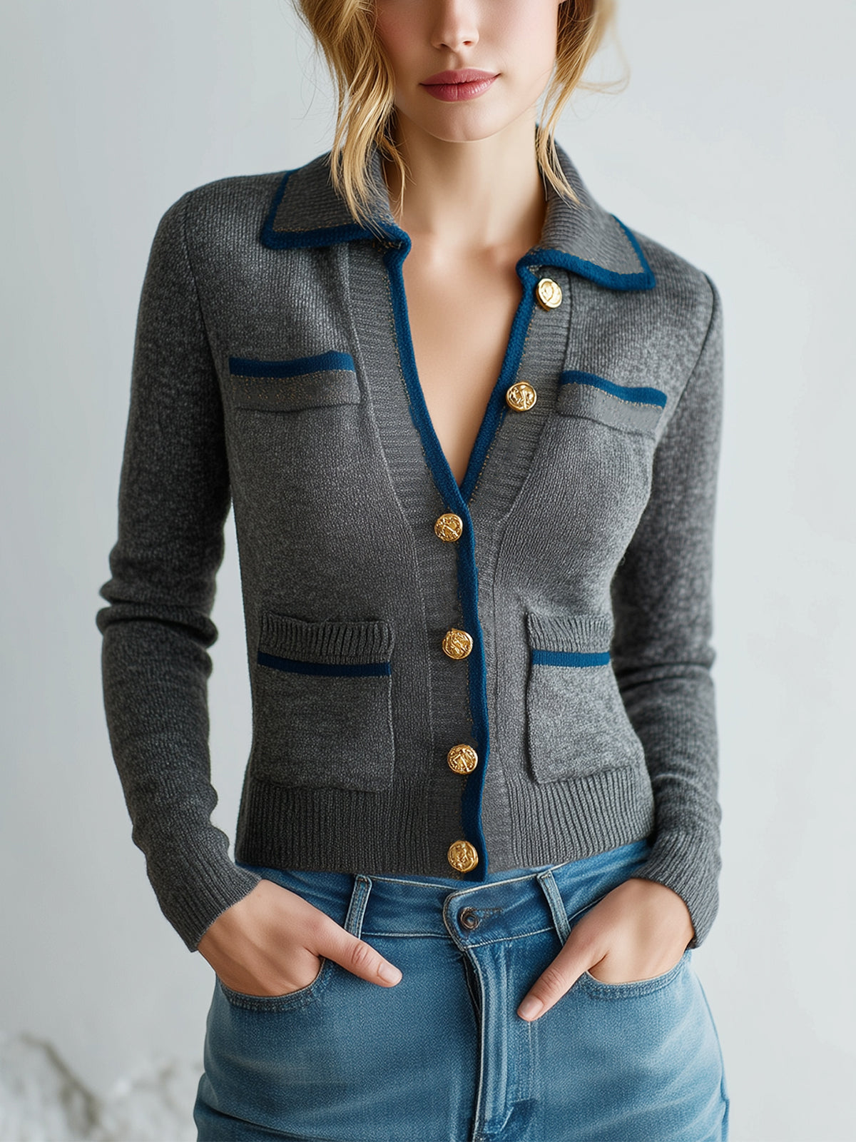 Taidalw Chic Casual Gray Lapel Single-Breasted Patch Pocket Contrast Trim Long Sleeve Slim Fit Knit Cropped Cardigan