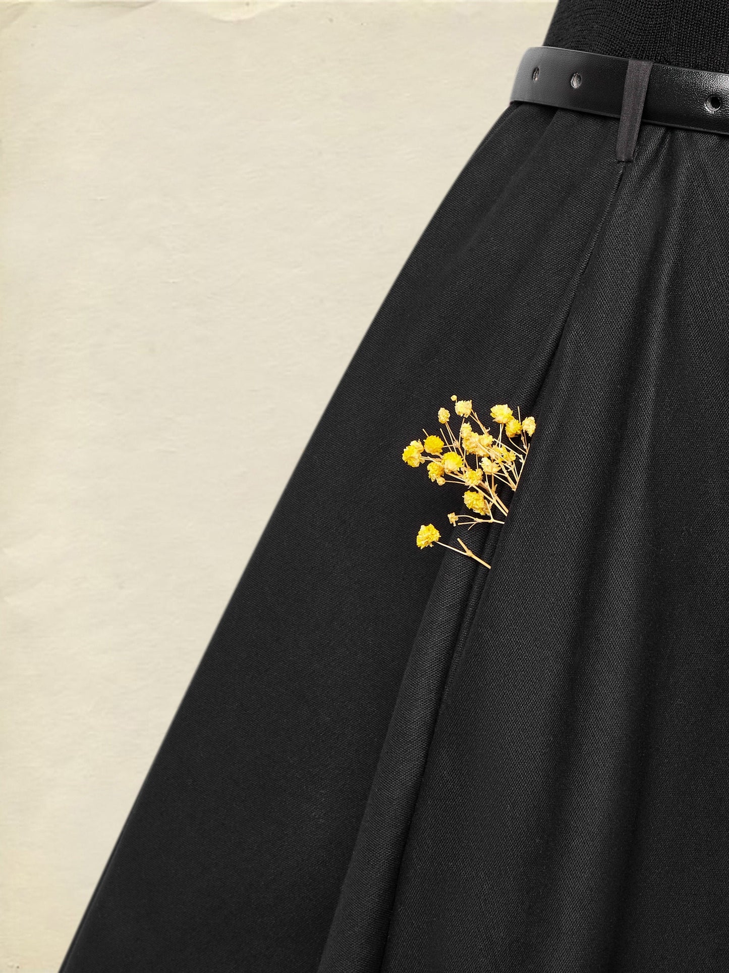 Maxi Dress, 100% Wool Top with Cotton Skirt, Long Sleeves, Round Neck, Plain, Belt Design, French Vintage, Black