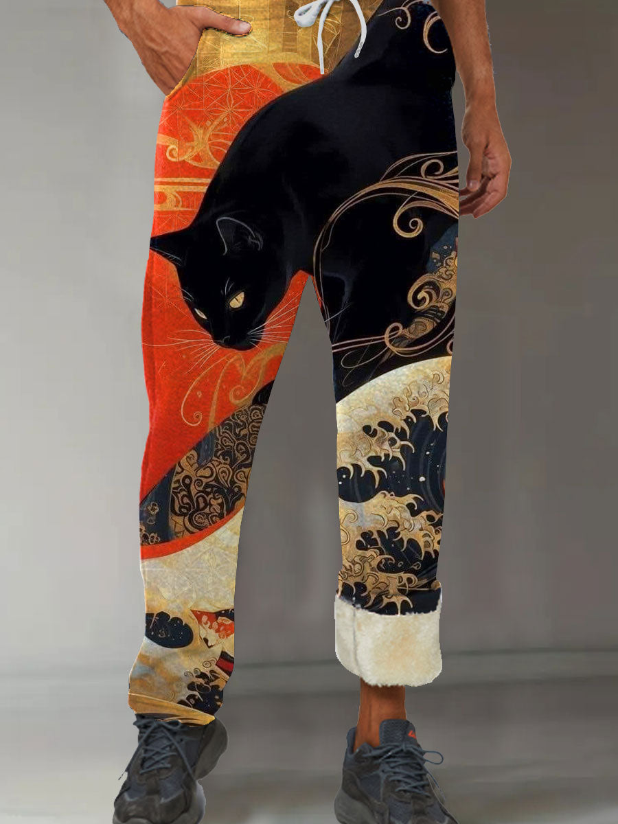 Men's Black Cat Japanese Art Print Casual Winter Fleece Comfy Pants