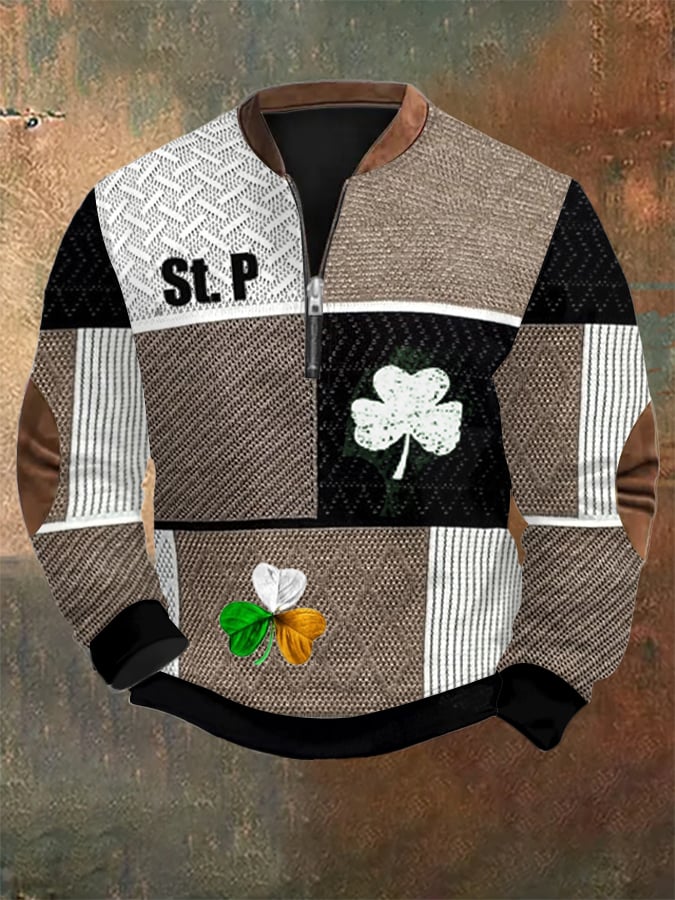 Men's St. Patrick's Day Textured Print Zip Collar Sweatshirt