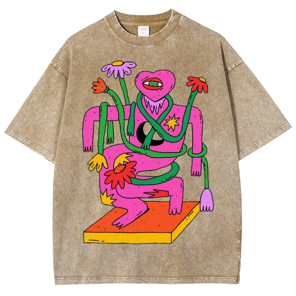 Unisex Abstract Art Flower Portrait Printed Washed Tee