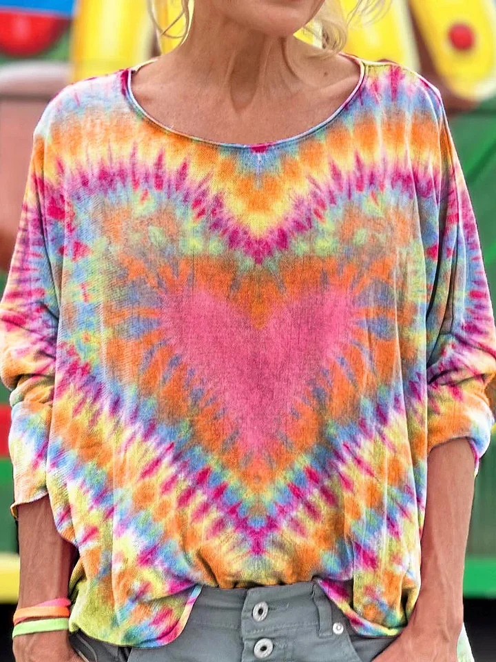 Women's  Retro Colorful Love Hearts Tie Dye Casual Sweatshirt