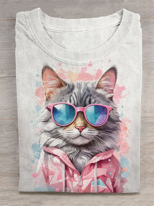 Funny Pink Cat Art Print Casual T-shirt