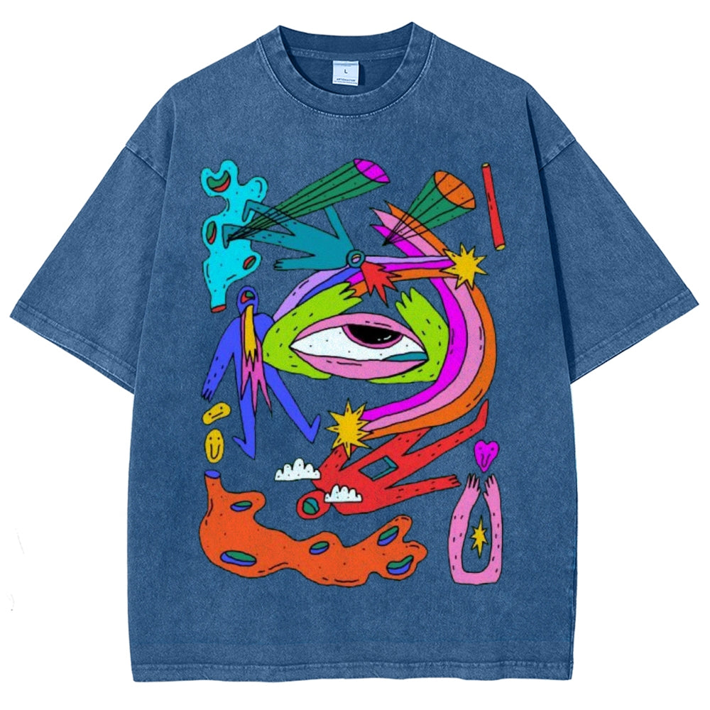 Unisex Abstract Art Eyes Printed Washed Tee