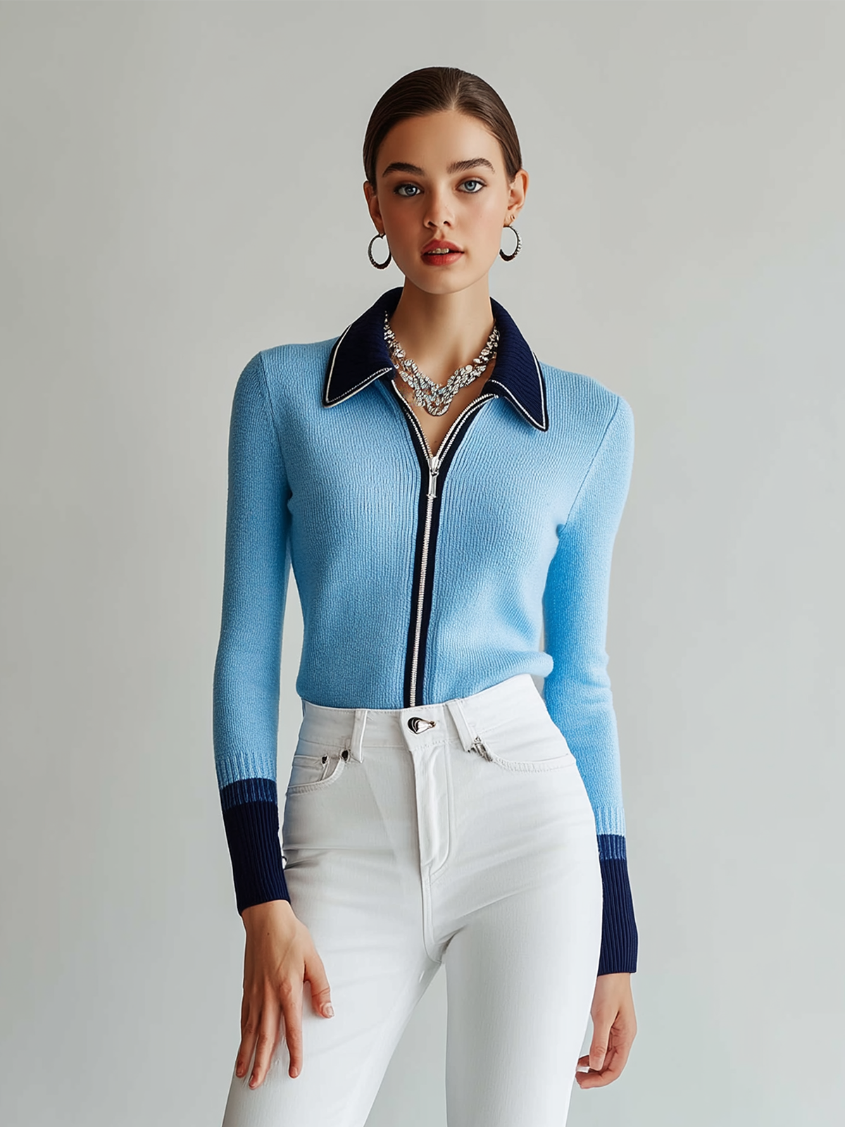 Taidalw Chic Casual Blue Lapel Zipper-Front Long-Sleeve Slim-Fit Knit Cardigan