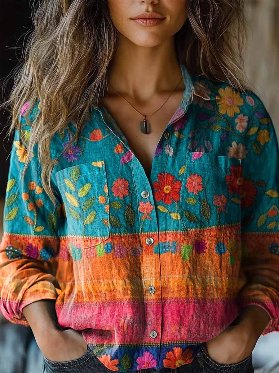 Women's Colorful Floral Print Long Sleeve Comfortable Cotton Shirt