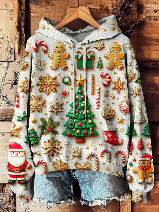 Women's Vintage Christmas Patterns Prints Casual Pocket Hooded Sweatshirt