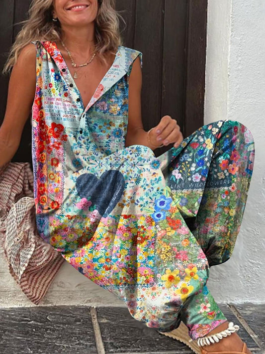 Women's Vintage Floral Patchwork Print Wide Leg Jumpsuit