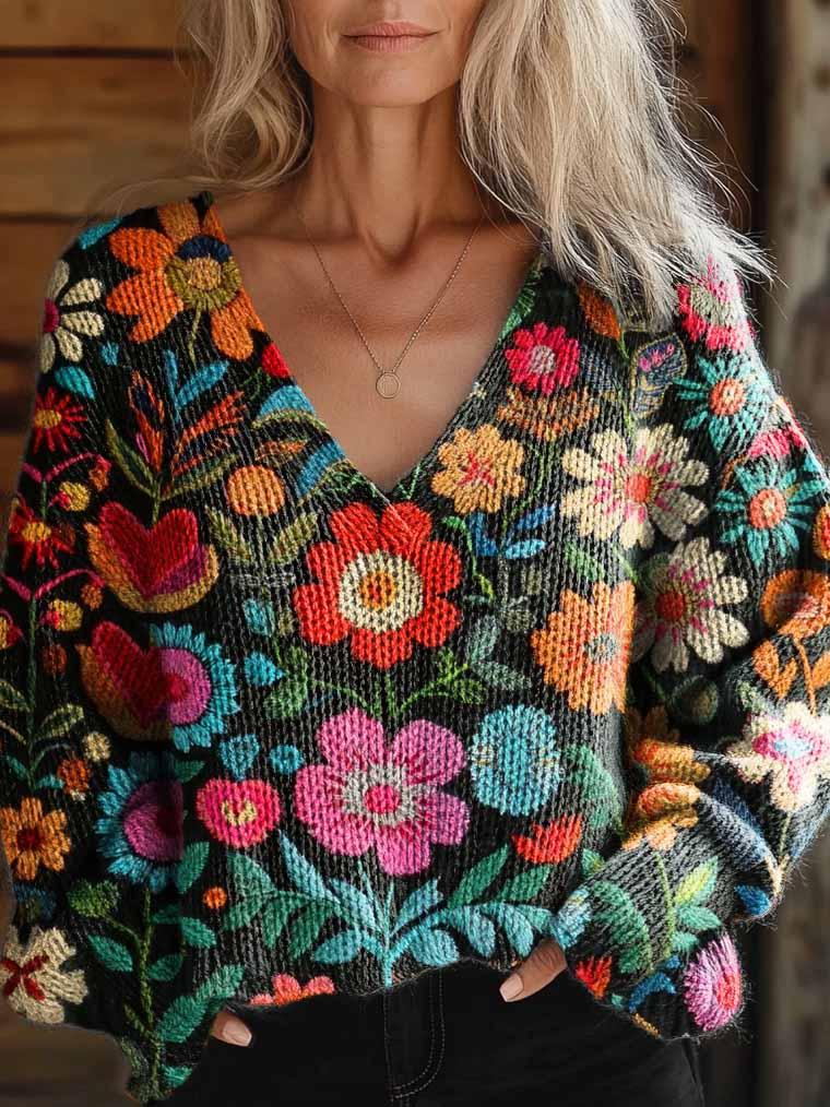 Women's Floral Power Art Casual V-Neck Knit Sweater