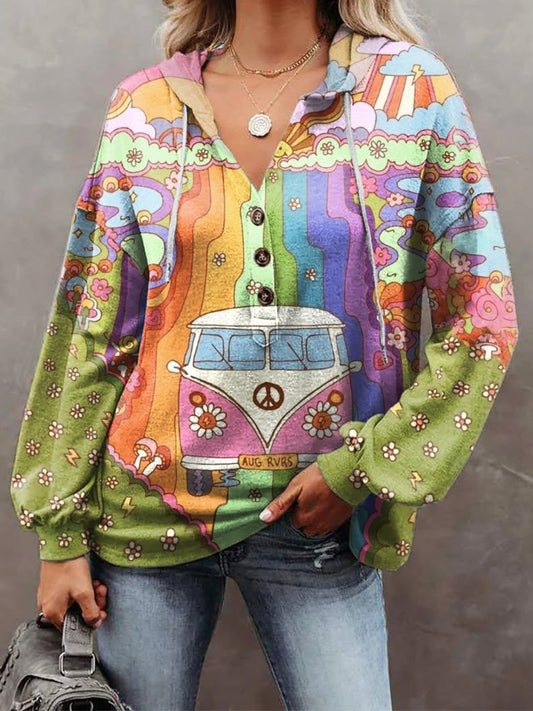 Women's Hippie Bus Print Casual Loose Hoodie