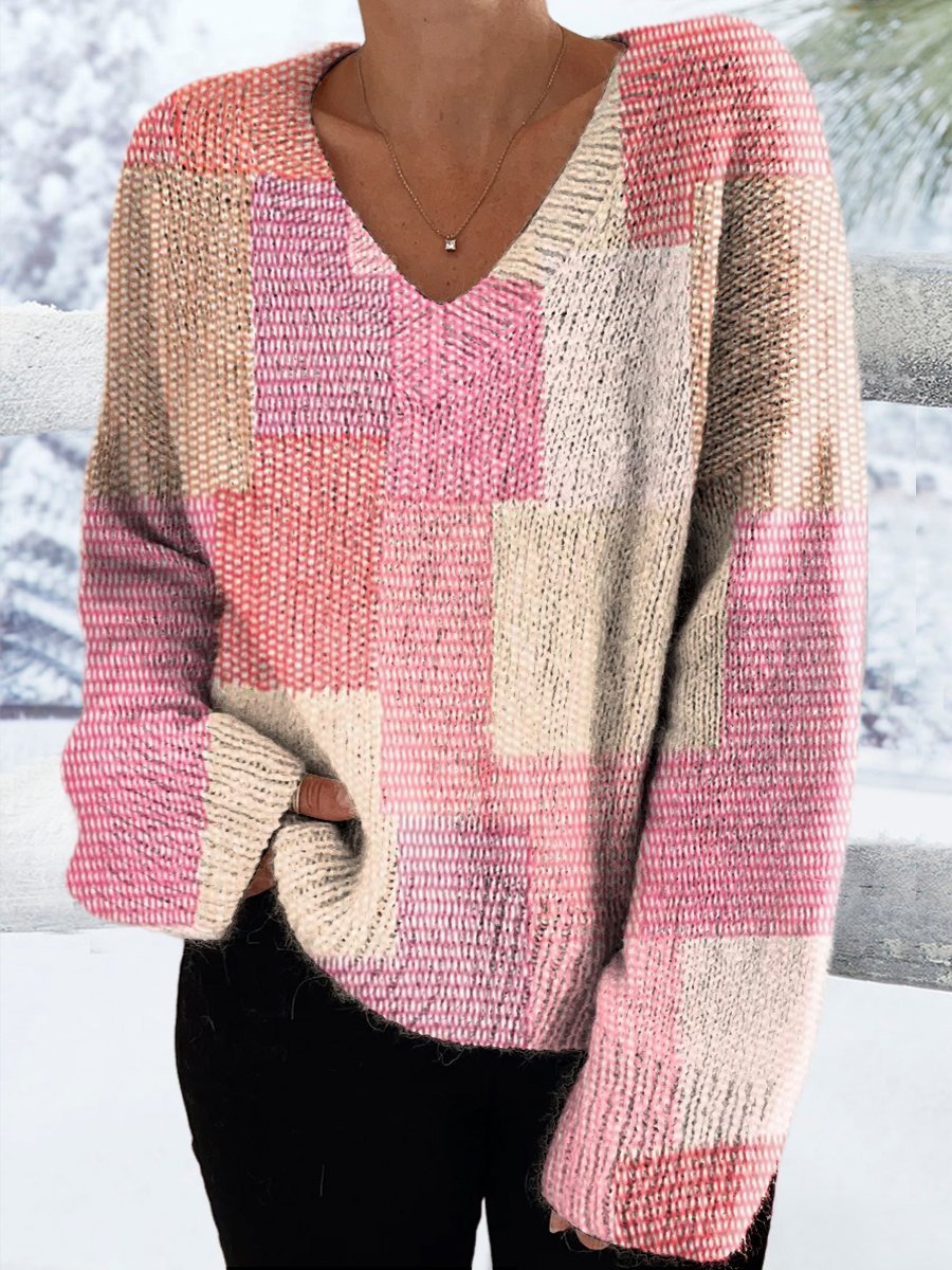 Women's Block Pattern Patchwork Casual V-neck Pullover Knit