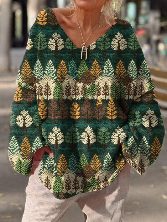 Women's Vintage Christmas Tree Pattern Christmas Gift Art Print Casual Pullover Sweater