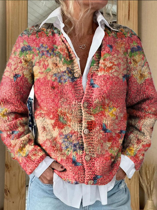 Women's Bright Floral Art Print Button Cardigan