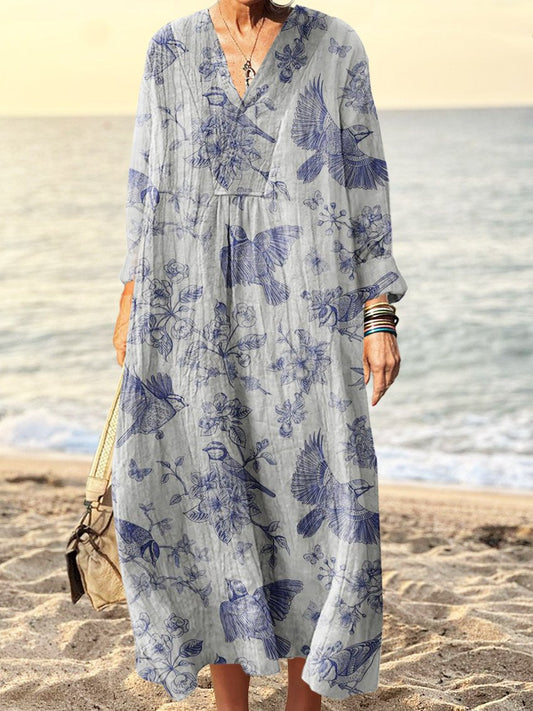 Women's Floral Bird Print Dress Printed V Neck Long Sleeve Dress