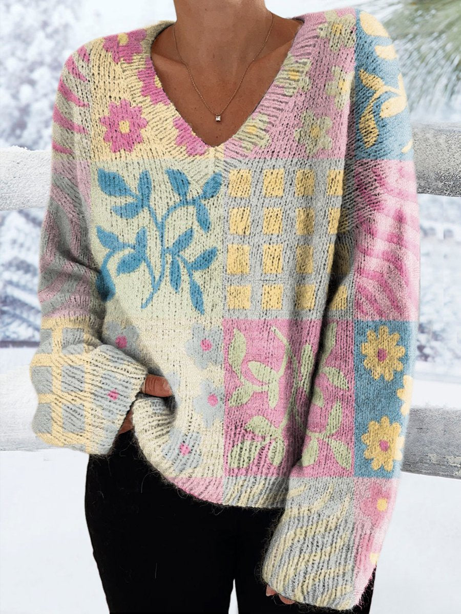 Women's Flowers Pattern Patchwork Casual V-neck Pullover Knit