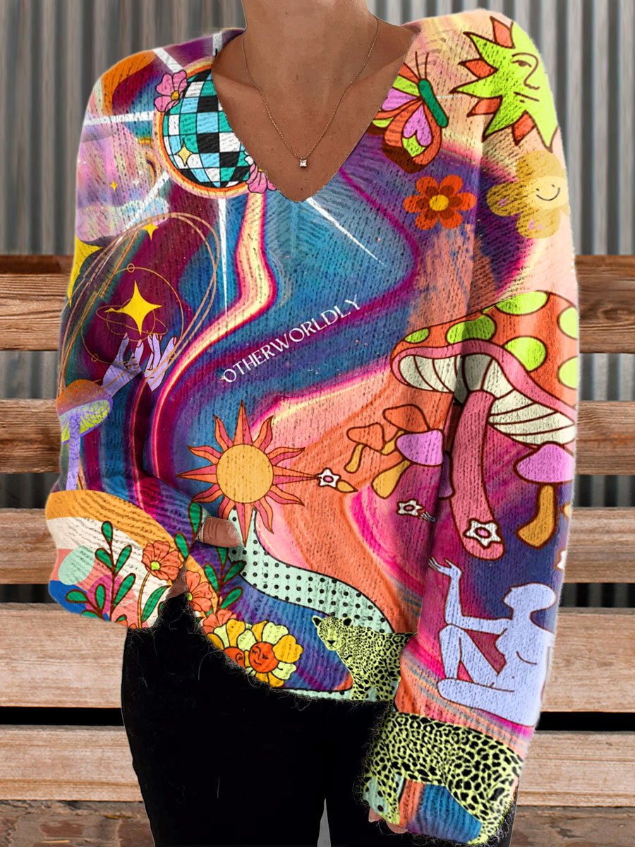 Women's Vintage Hippie Mushroom Sun Art Print Casual V-neck Pullover Knit