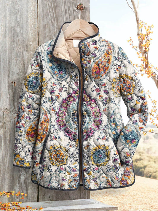 Women's Vintage Ethnic Floral Pattern Art Print Casual Quilted Coat Cardigan