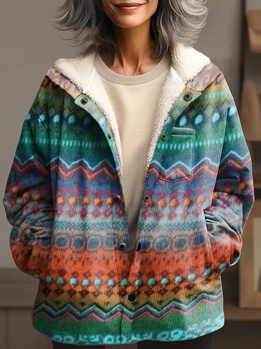 Women's Vintage Boho Art Print Waffle Plush Thick Long-Sleeved Hooded Coat