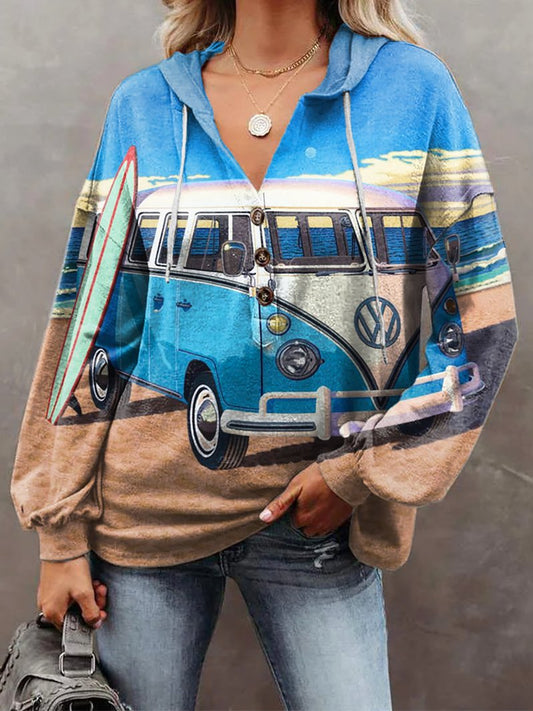 Women's Hippie Van Print Casual Loose Solid Color Hoodie Sweatshirt