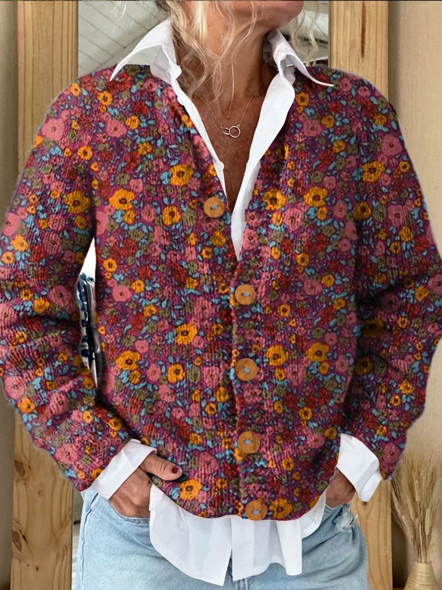 Women's Vintage Floral Art Print Button Cardigan