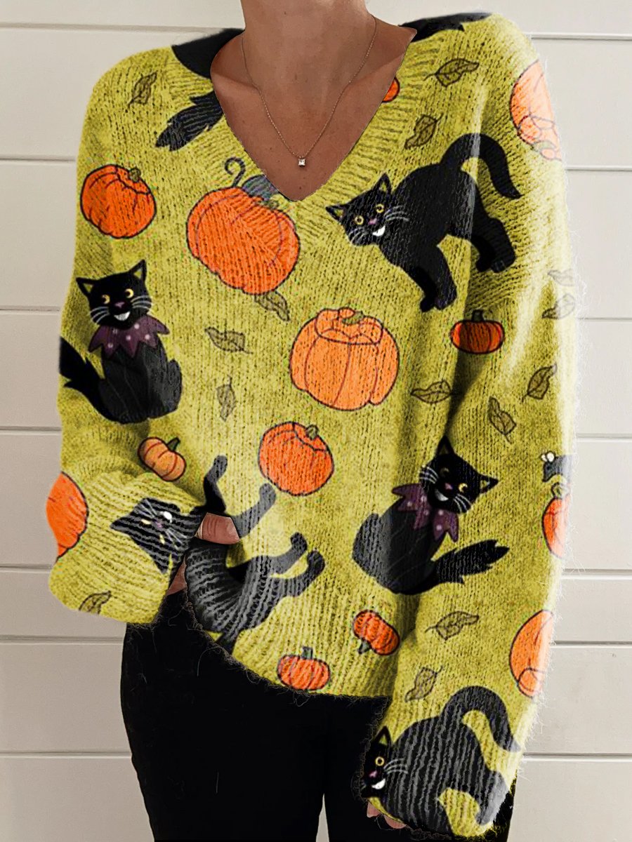 Women's Halloween Black Cat Casual V-neck Pullover Knit