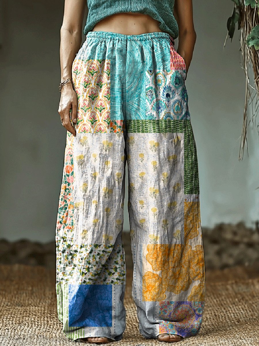 Women's Floral Patchwork Art Print Cotton and Linen Casual Pants