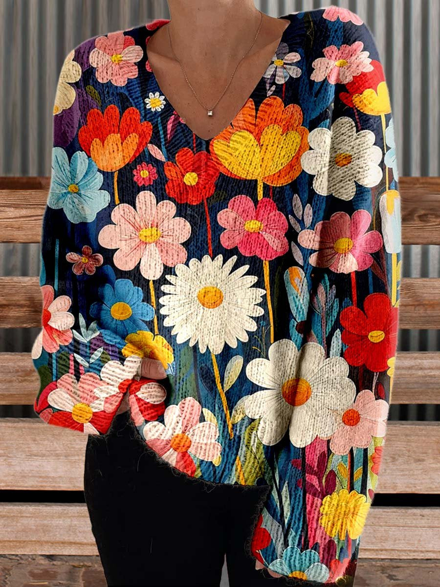 Women's Flower Casual V-neck Pullover Knit