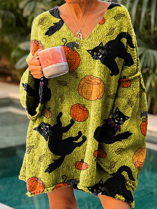 Women's Halloween Black Cat Casual Pullover Sweater