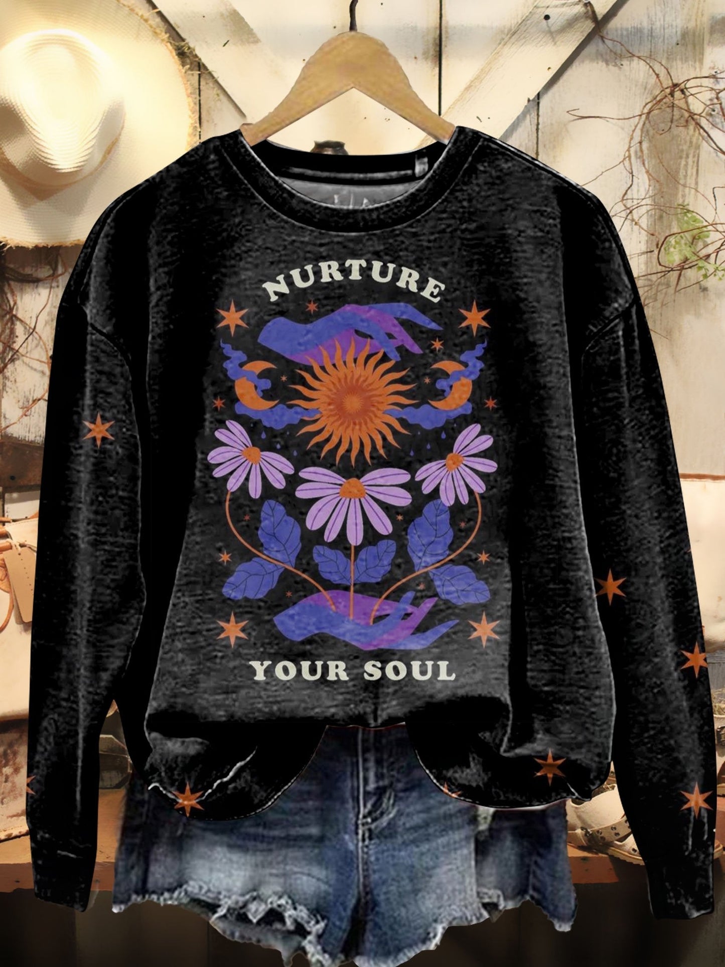 Sun, Moon, Stars, Hands, Floral Art Print Casual Sweatshirt