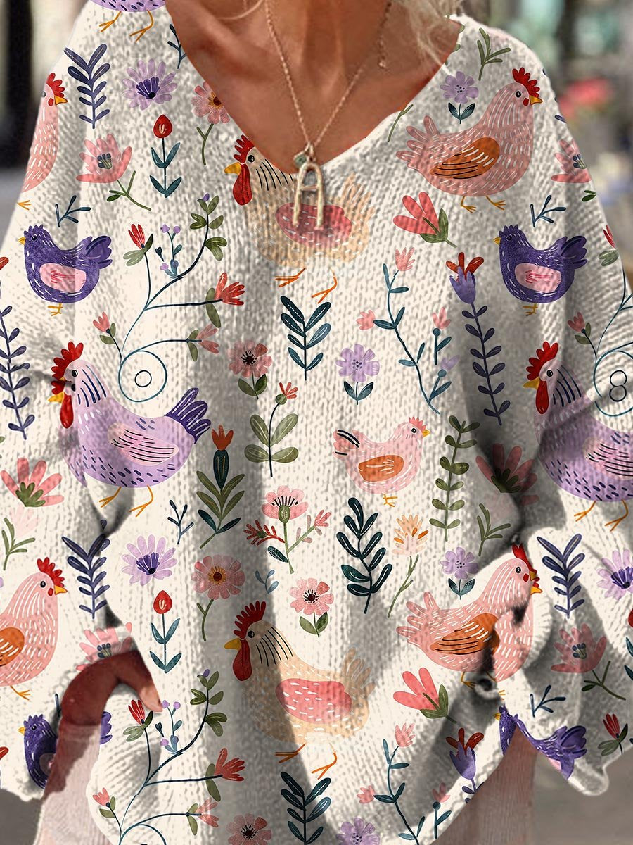 Women's Vintage Chicken Flower Pattern Art Print Casual Pullover Sweater