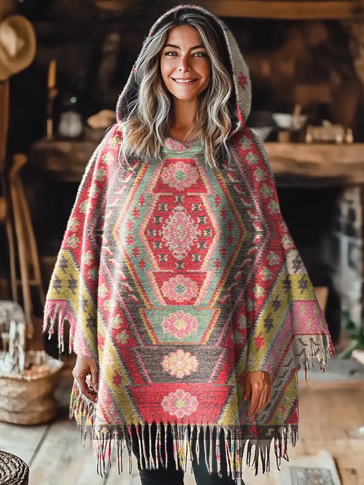 Women's Retro Totem Print Casual Knitted Blanket Poncho Hood Cape