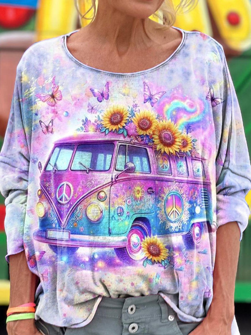 Women's Hippie Sunflower Bus Print Long Sleeve T-shirt