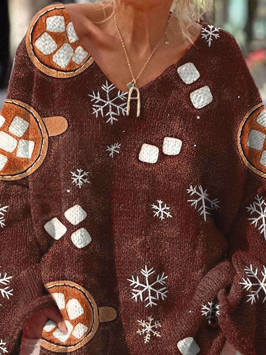 Women's Coffee Cube Snowflake Christmas Gift Pattern Art Print Casual Pullover Sweater