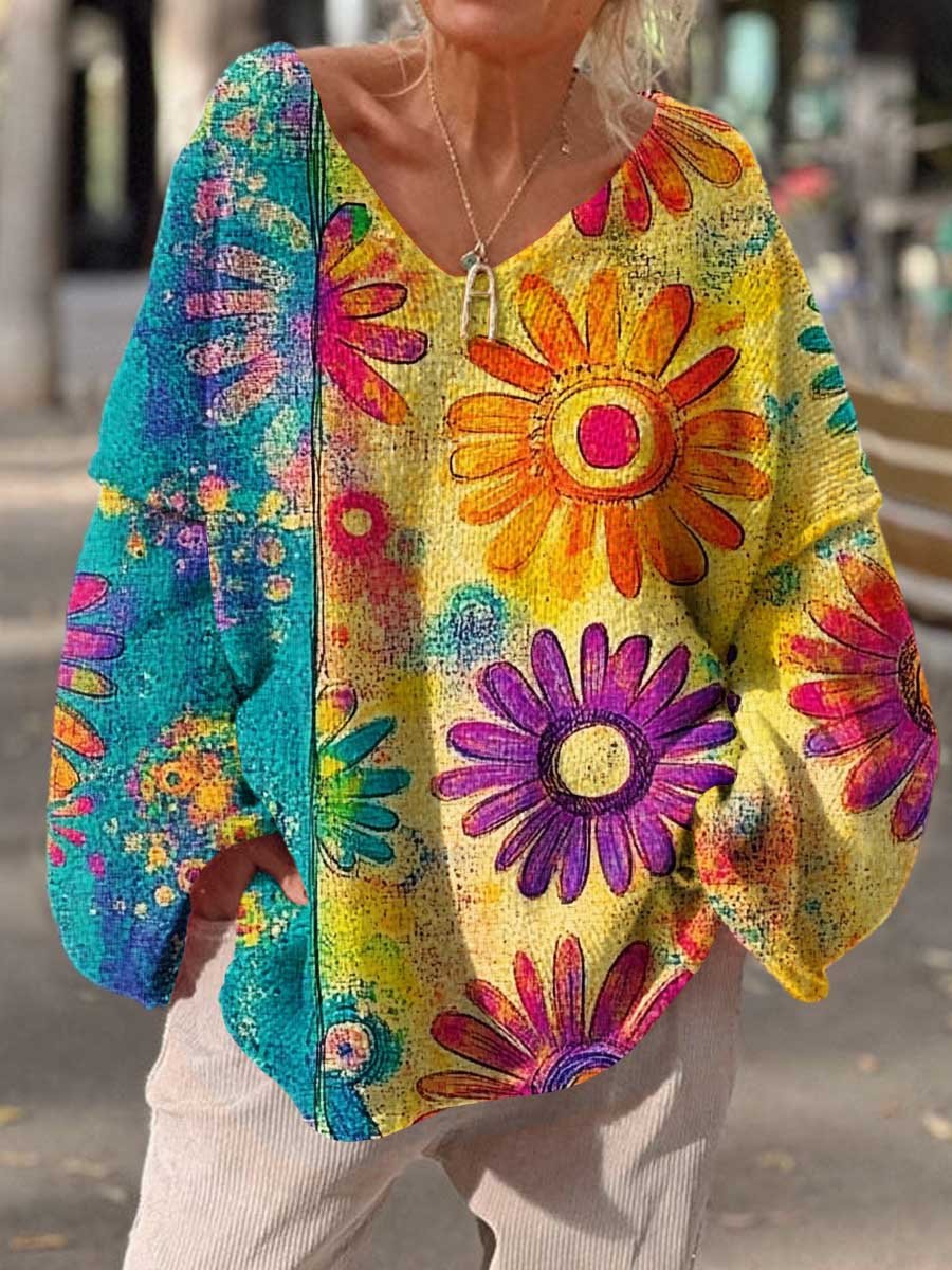 Women's Vintage Hippie Art Colorful Flowers Casual Pullover Sweater