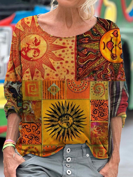 Women's Retro Sun Art Print Long Sleeve T-shirt