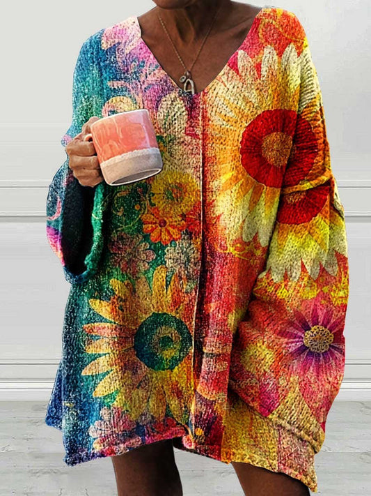 Women's Vintage Hippie Art Colorful Flowers Casual Pullover Sweater