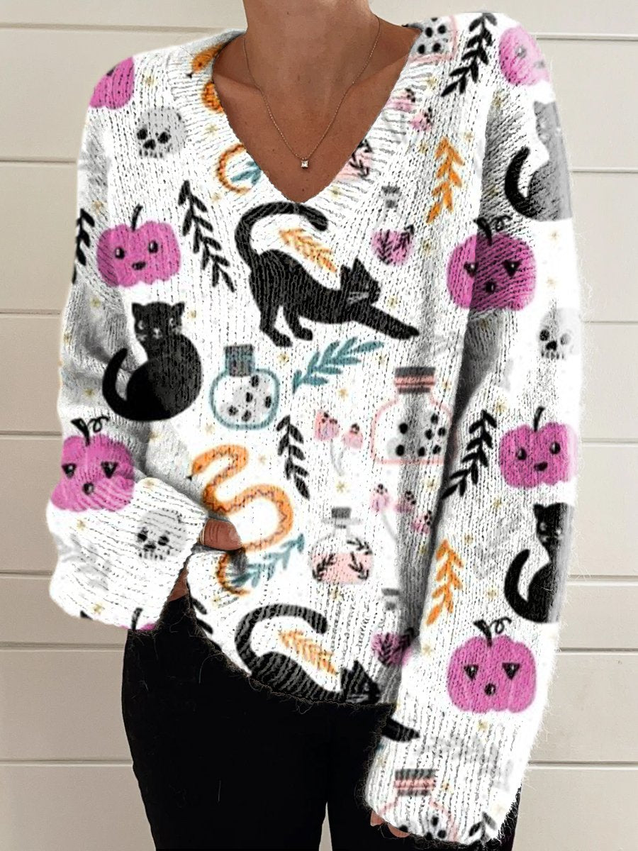 Women's Halloween Black Cat Casual V-neck Pullover Knit