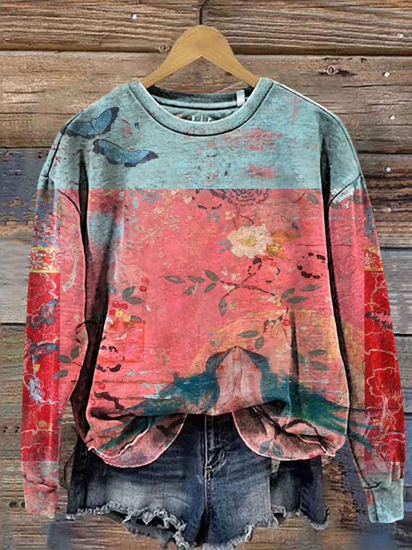 Retro Flower & Bird Art Print Casual Sweatshirt