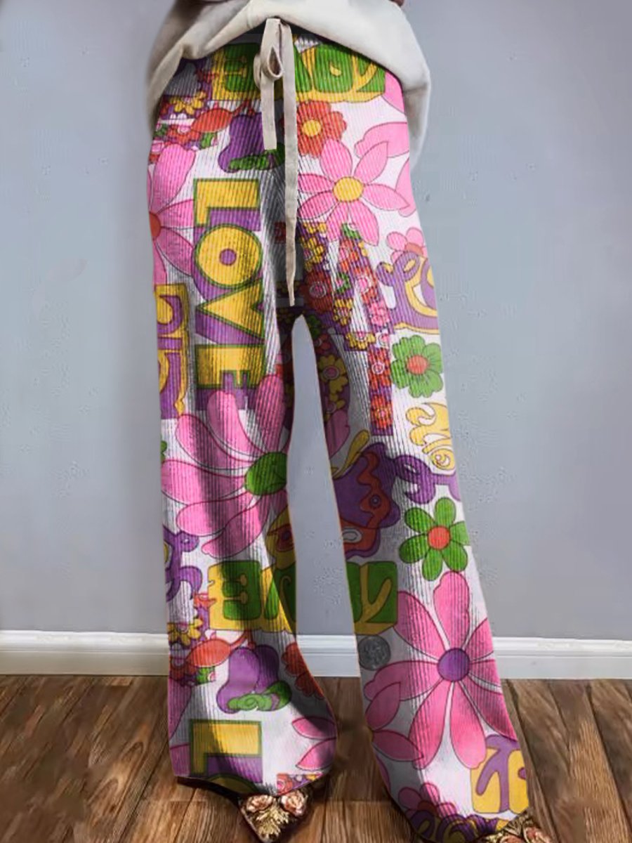 Women's Floral Hippie Art Print Comfort Knit Trousers