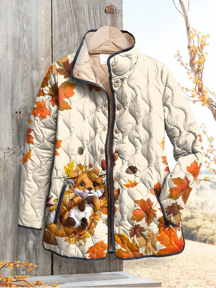 Women's Casual Autumn Vintage Maple Leaves Cute Fox Art Print Quilted Coat Cardigan