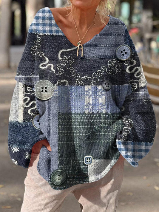 Women's Vintage Abstract Geometric Splicing Pattern Art Print Casual Pullover Sweater