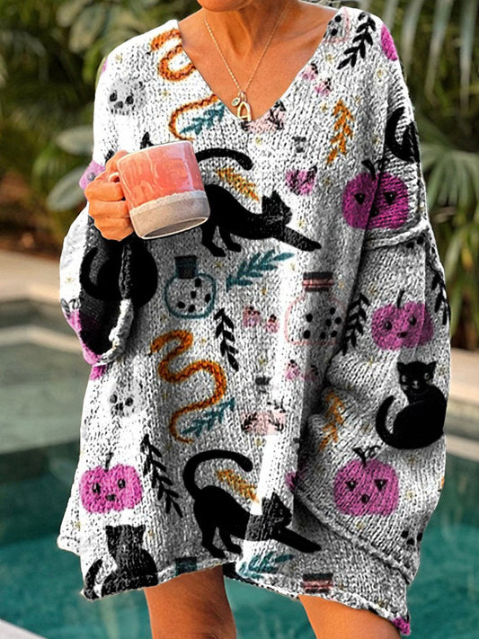 Women's Halloween Black Cat Casual Pullover Sweater